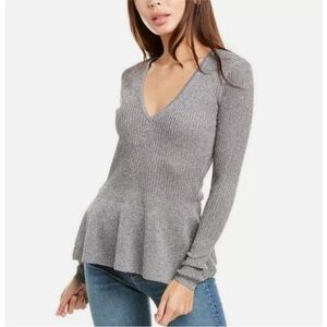 Veronica Beard Esmeralda Metallic Sweater Silver  Ribbed Knit Peplum Gray Top M